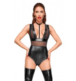 Body - F183 Powerwetlook body with wide straps, tulle inserts and velvet choker L