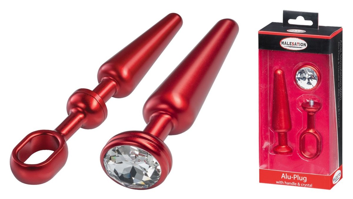 MALESATION Alu-Plug with handle & crystal medium, red Malesation