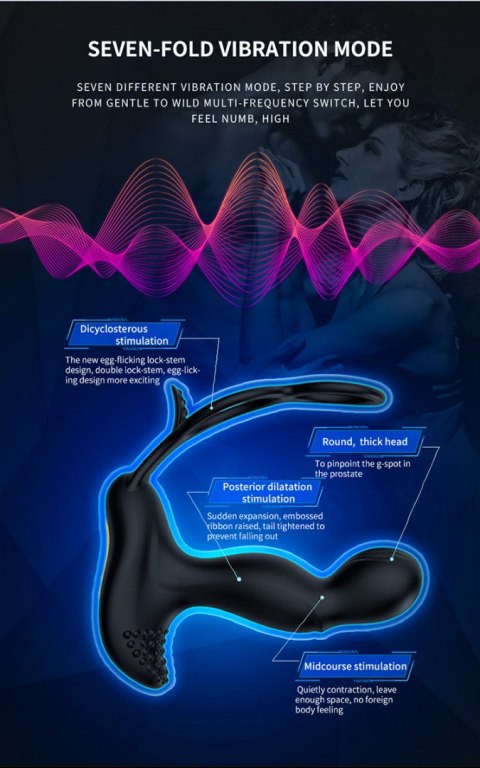 Masażer prostaty - Silicone Massager 7 Function and Heating Function, Black B - Series Fox