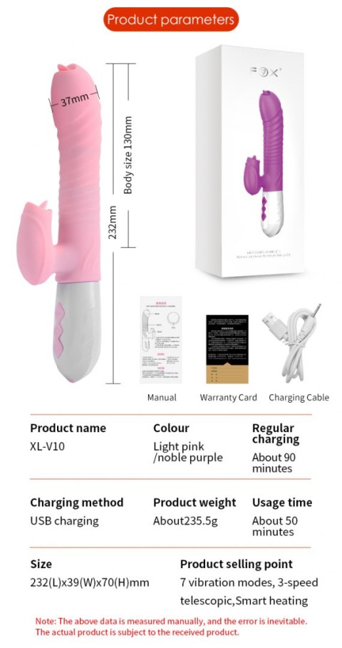 Wibrator - Silicone Vibrator USB 7 Function and Thrusting Function / Heating, pink B - Series Fox