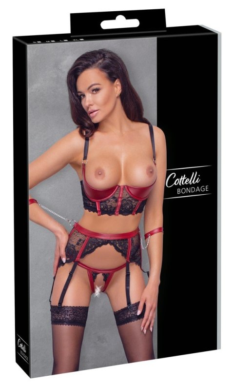 Komplet biustonosz, pas do pończoch i stringi - Shelf Bra Set black/red S Cottelli BONDAGE