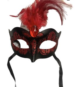 Maska - Venetian Mask Red with Red Stone and Feather Kinky Mask