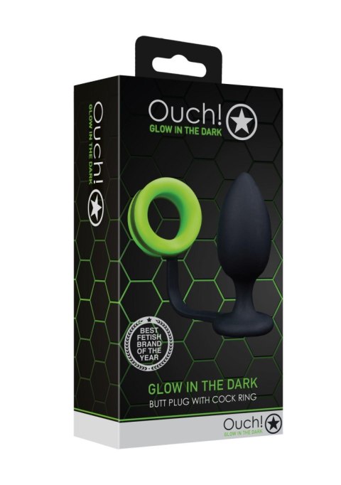 Pierścień erekcyjny z korkiem analnym - Butt Plug with Cock Ring - GitD - Neon Green/Black Ouch!