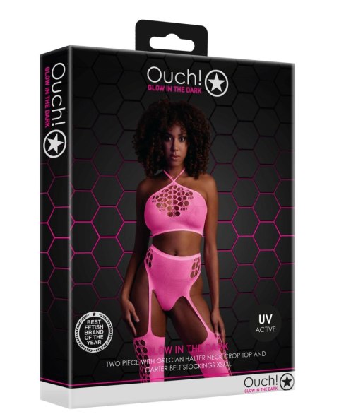 Top i pończochy - Two Piece with Crop Top and Stockings - Pink - XS/XL Ouch!