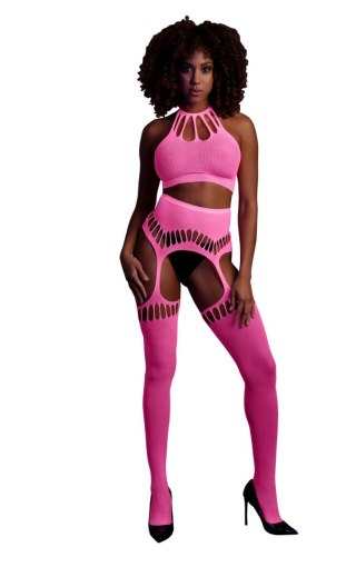 Dwóczęściowe Bodystocking - Two Piece with Crop Top and Stockings - Pink - XS/XL Ouch!