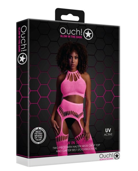 Dwóczęściowe Bodystocking - Two Piece with Crop Top and Stockings - Pink - XS/XL Ouch!