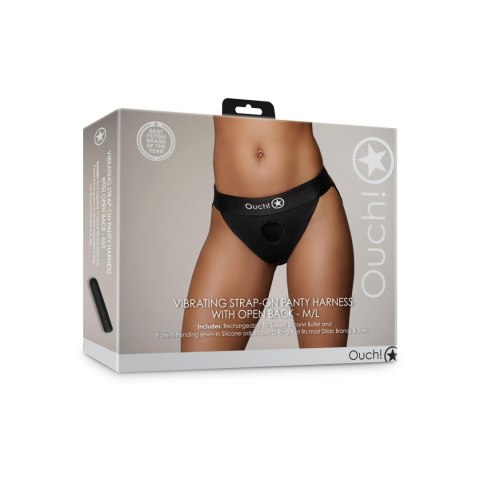 Wibrujace majtki z otwartym tyłem typu Strap-on - Vibrating Strap-on Panty Harness with Open Back - M/L Ouch!