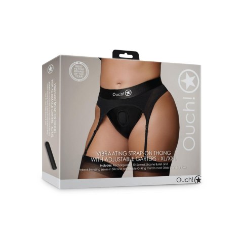 Wibrujące stringi z paskami do pończoch typu Strap-on - Vibrating Strap-on Thong with Adjustable Garters - XL/XXL Ouch!