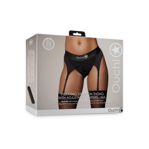 Wibrujące stringi z paskami do pończoch typu Strap-on - Vibrating Strap-on Thong with Adjustable Garters - M/L Ouch!