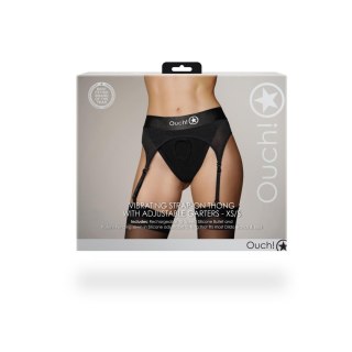 Wibrujące stringi z paskami do pończoch typu Strap-on - Vibrating Strap-on Thong with Adjustable Garters - XS/S Ouch!