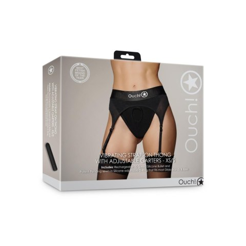 Wibrujące stringi z paskami do pończoch typu Strap-on - Vibrating Strap-on Thong with Adjustable Garters - XS/S Ouch!