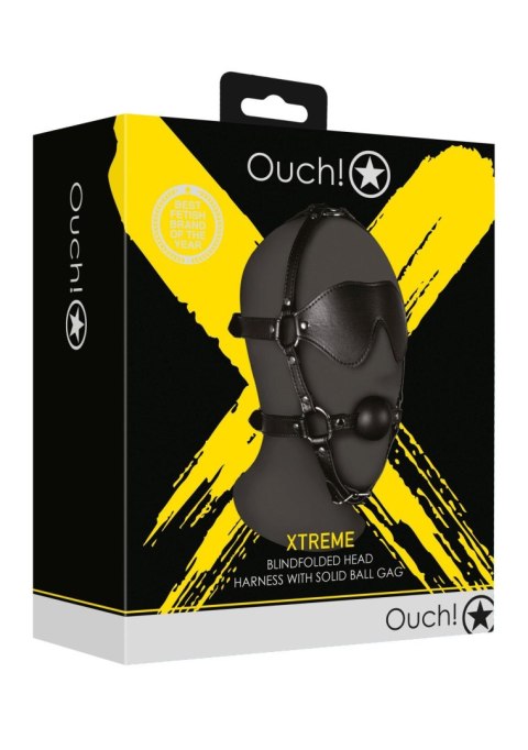 Uprząż na głowę z kneblem - Blindfolded Head Harness with Solid Ball Gag - Black Ouch!