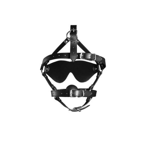 Uprząż na głowę z kneblem - Blindfolded Head Harness with Solid Ball Gag - Black Ouch!