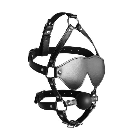 Uprząż na głowę z kneblem - Blindfolded Head Harness with Solid Ball Gag - Black Ouch!