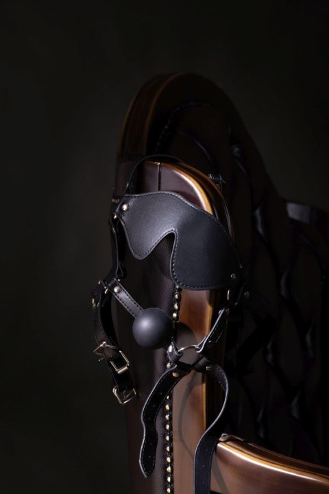 Uprząż na głowę z kneblem - Blindfolded Head Harness with Solid Ball Gag - Black Ouch!