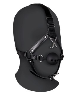 Uprząż na głowę z kneblem - Head Harness with Breathable Ball Gag and Nose Hooks - Black Ouch!