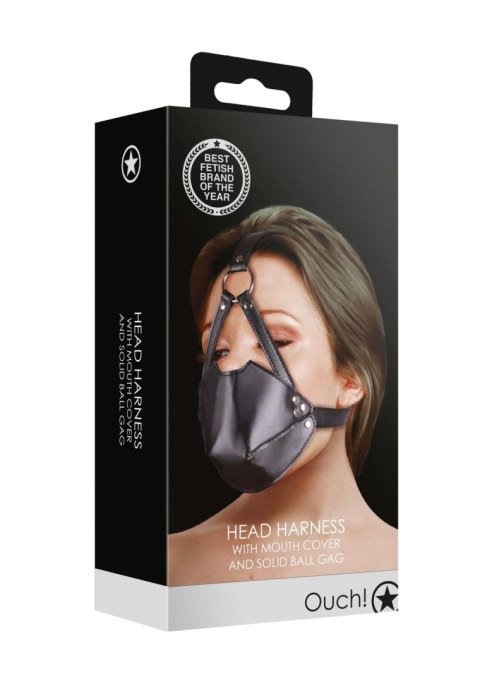 Maska z kneblem - Head Harness with Mouth Cover and Breathable Ball Gag - Black Ouch!