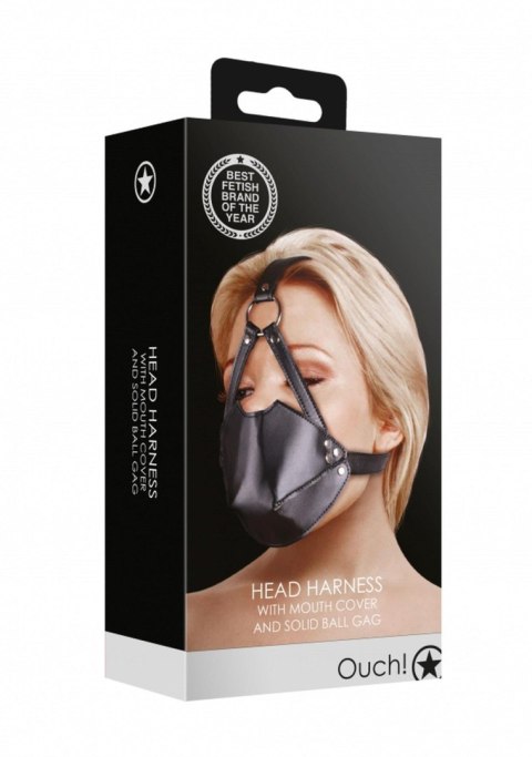 Maska z Kneblem - Head Harness with Mouth Cover and Solid Ball Gag - Black Ouch!