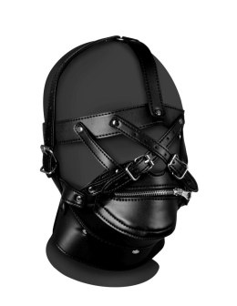Uprząż, Maska na głowę - Head Harness with Zip-up Mouth and Lock - Black Ouch!