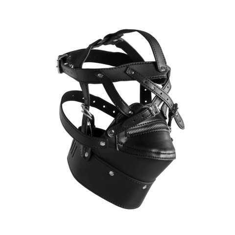 Uprząż, Maska na głowę - Head Harness with Zip-up Mouth and Lock - Black Ouch!