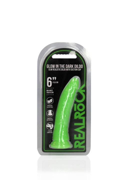 Świecące dildo - Slim Realistic Dildo with Suction Cup - Glow in the Dark - 6'' / 15,5 cm RealRock