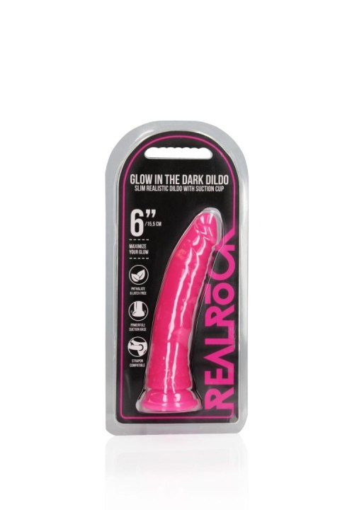 Świecące dildo - Slim Realistic Dildo with Suction Cup - Glow in the Dark - 6'' / 15,5 cm RealRock