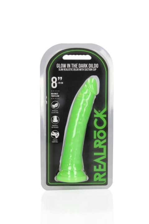 Świecące dildo - Slim Realistic Dildo with Suction Cup - Glow in the Dark - 8'' / 20 cm RealRock