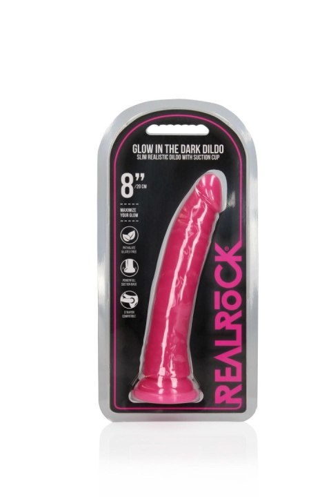 Świecące dildo - Slim Realistic Dildo with Suction Cup - Glow in the Dark - 8'' / 20 cm RealRock