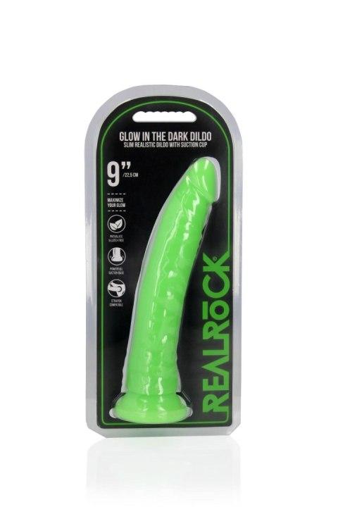 Świecące dildo - Slim Realistic Dildo with Suction Cup - Glow in the Dark - 9'' / 22,5 cm RealRock