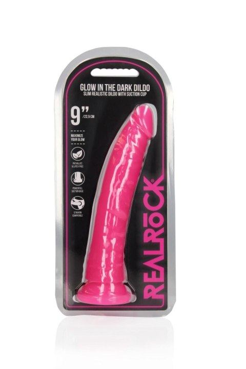 Świecące dildo - Slim Realistic Dildo with Suction Cup - Glow in the Dark - 9'' / 22,5 cm RealRock