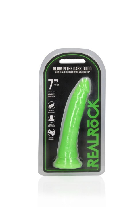 Świecące Dildo - Slim Realistic Dildo with Suction Cup - Glow in the Dark - 7'' / 18 cm RealRock