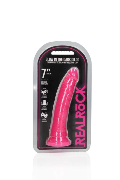 Świecące Dildo - Slim Realistic Dildo with Suction Cup - Glow in the Dark - 7'' / 18 cm RealRock