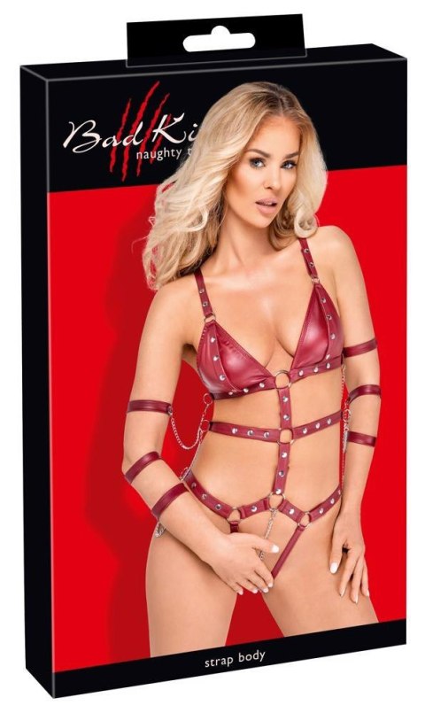 Uprząz / Body w klimacie BDSM - Bad Kitty Strap Body red L Bad Kitty