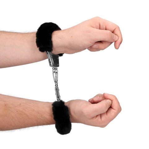 Kajdanki z futerkiem - Furry Metal Hand Cuffs - Black Ouch!