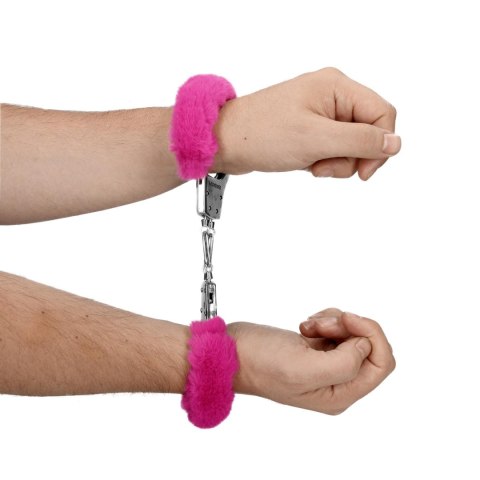 Kajdanki z futerkiem - Furry Metal Hand Cuffs - Pink Ouch!