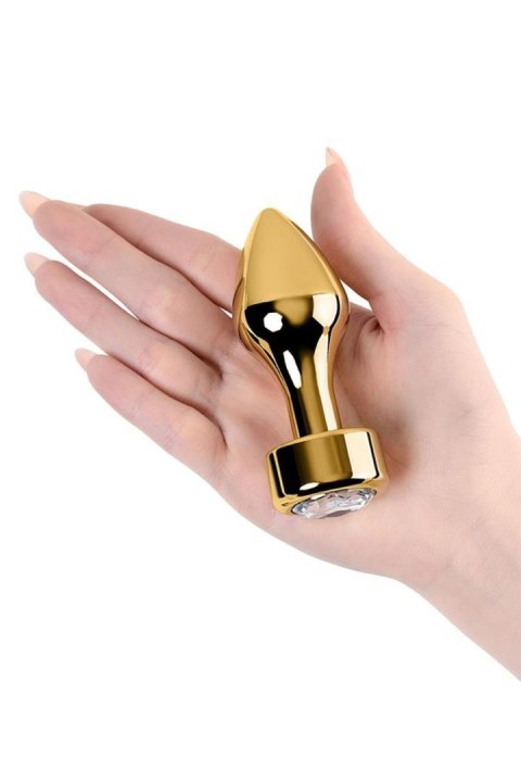 Gold anal plug TOYFA Metal with white round-shaped gem , length 7 cm, diameter 2-3,5 cm, weight 140 gr Metal by TOYFA